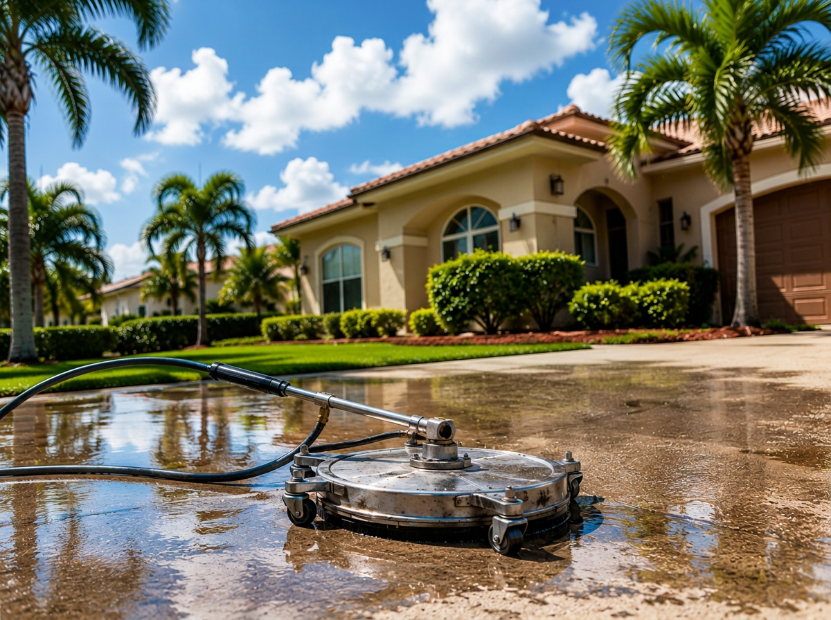 Pressure washing a Florida driveway with a surface cleaner in front of a home with palm trees