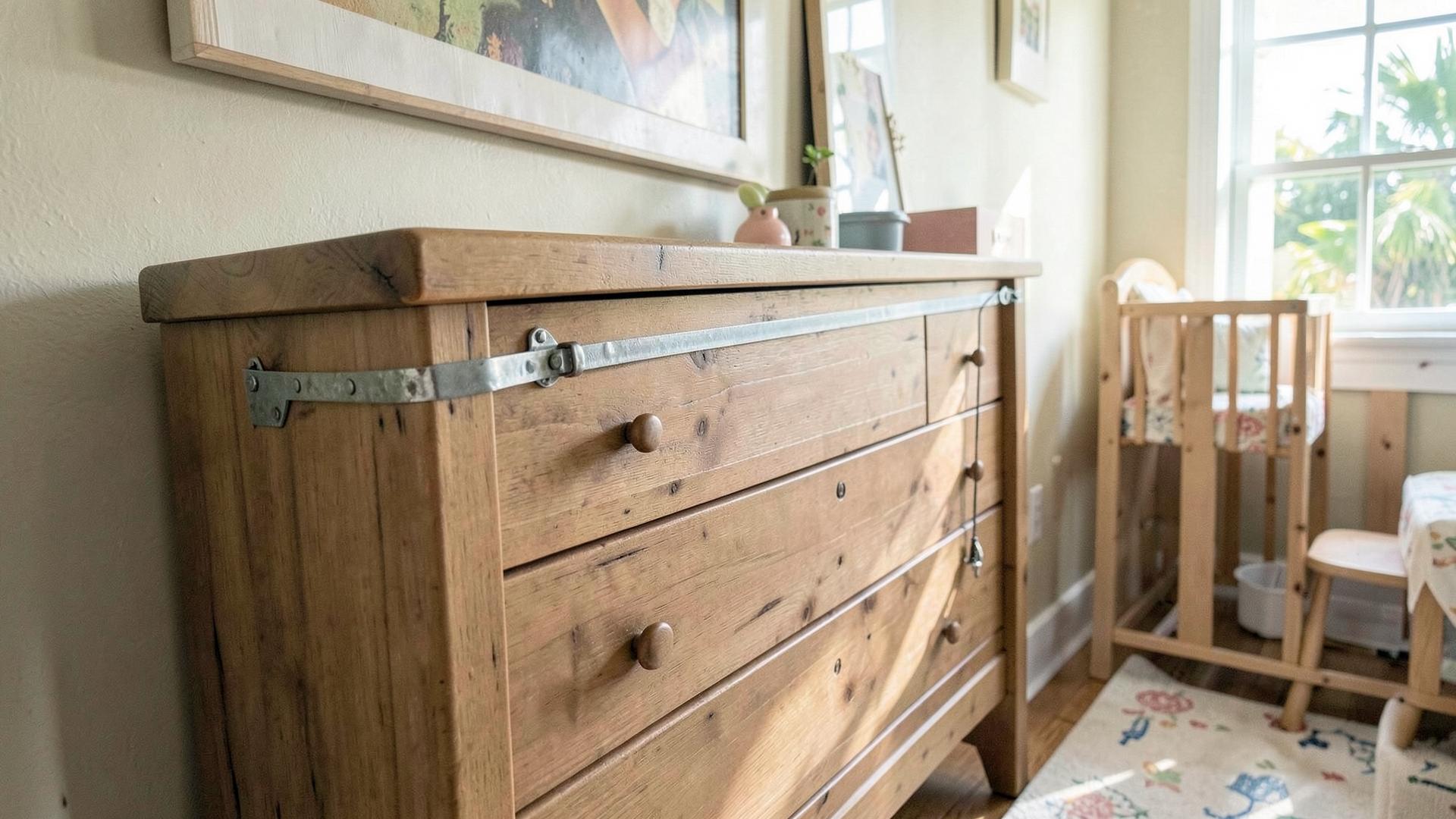 Dresser anchored to the wall with an anti-tip strap in a Venice, FL nursery