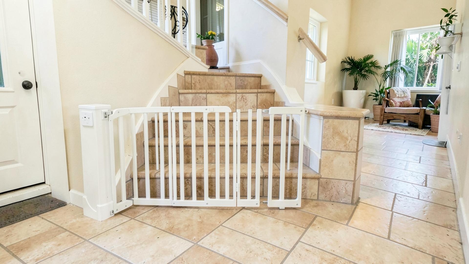 Baby safety gate installed at tile stairs in a Venice, FL home