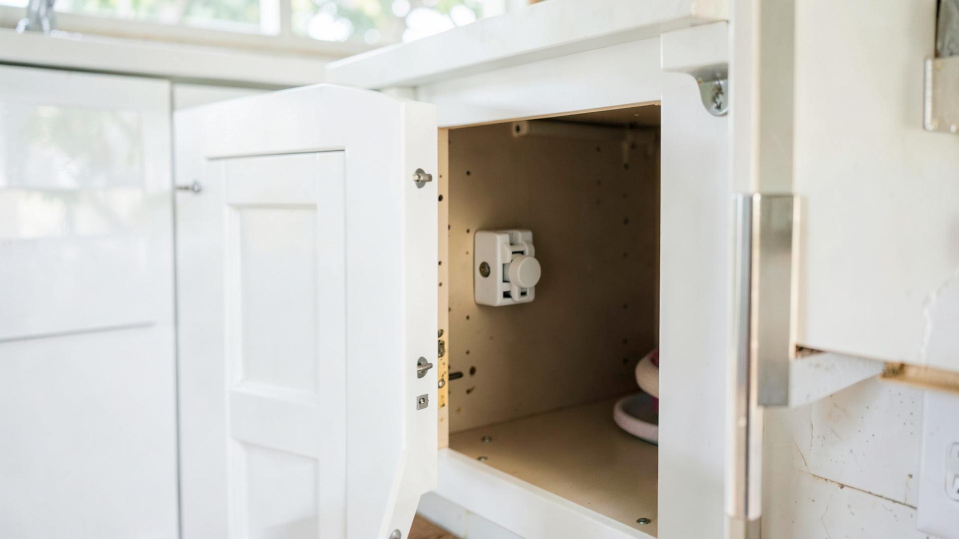 Child safety latch installed inside a kitchen cabinet in Venice, FL