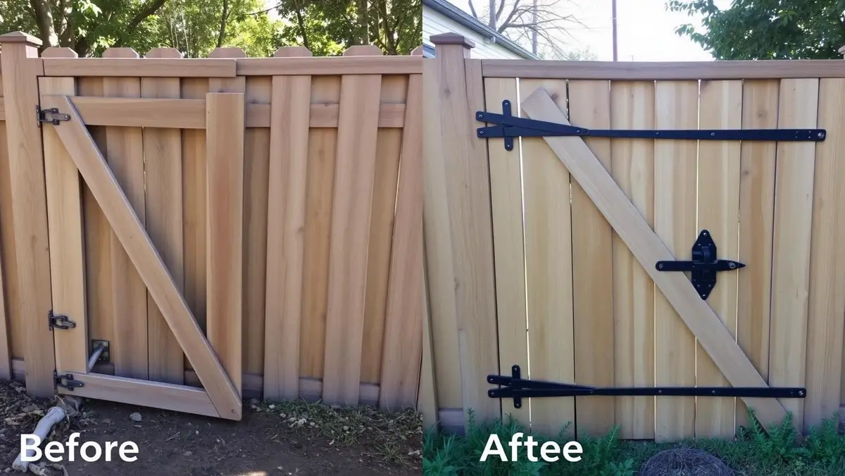 Before and after wooden gate rebuild with new hinges in Venice, FL
