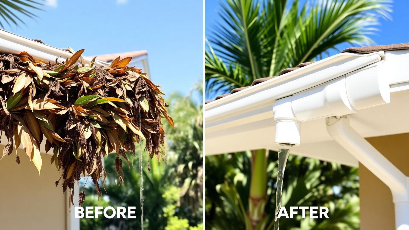 Before and after gutter cleaning on an Osprey, FL home