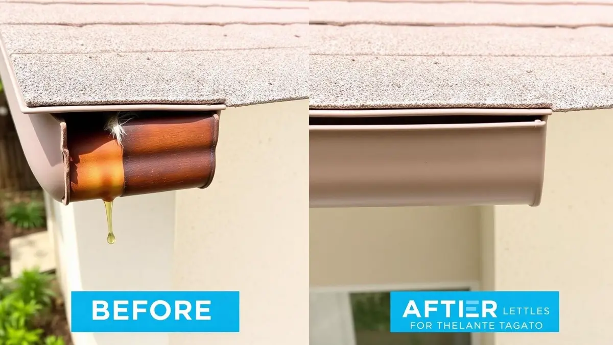 Before and after resealing a leaking gutter seam in Venice, FL