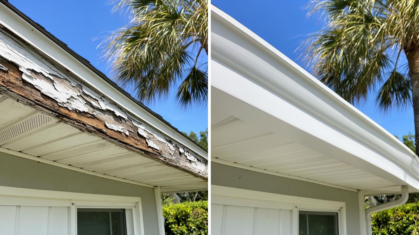Before and after exterior trim rot repair on an Osprey, FL home