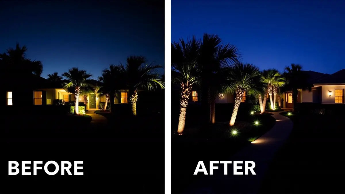 Low-voltage landscape path lights along a Venice, FL front walkway