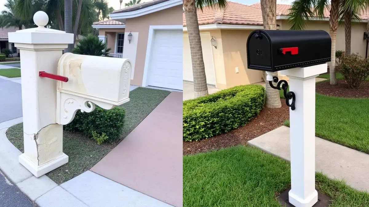 Before and after HOA-style decorative mailbox column repair in Venice, FL