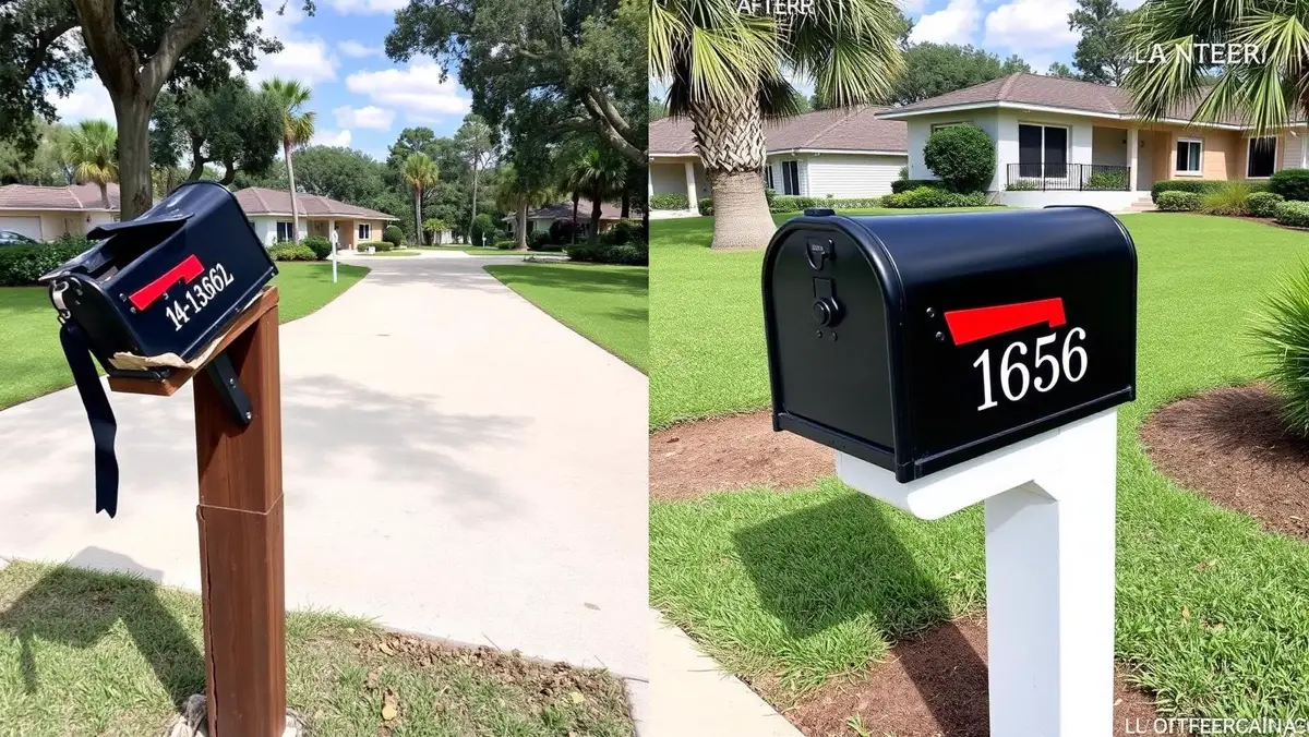Before and after standard mailbox installation on a Venice, FL driveway