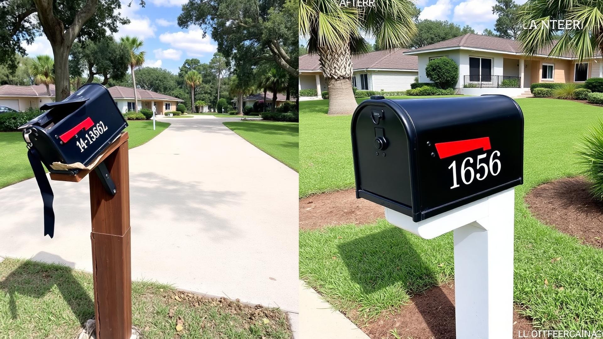 Before and after standard mailbox installation on a Venice, FL driveway