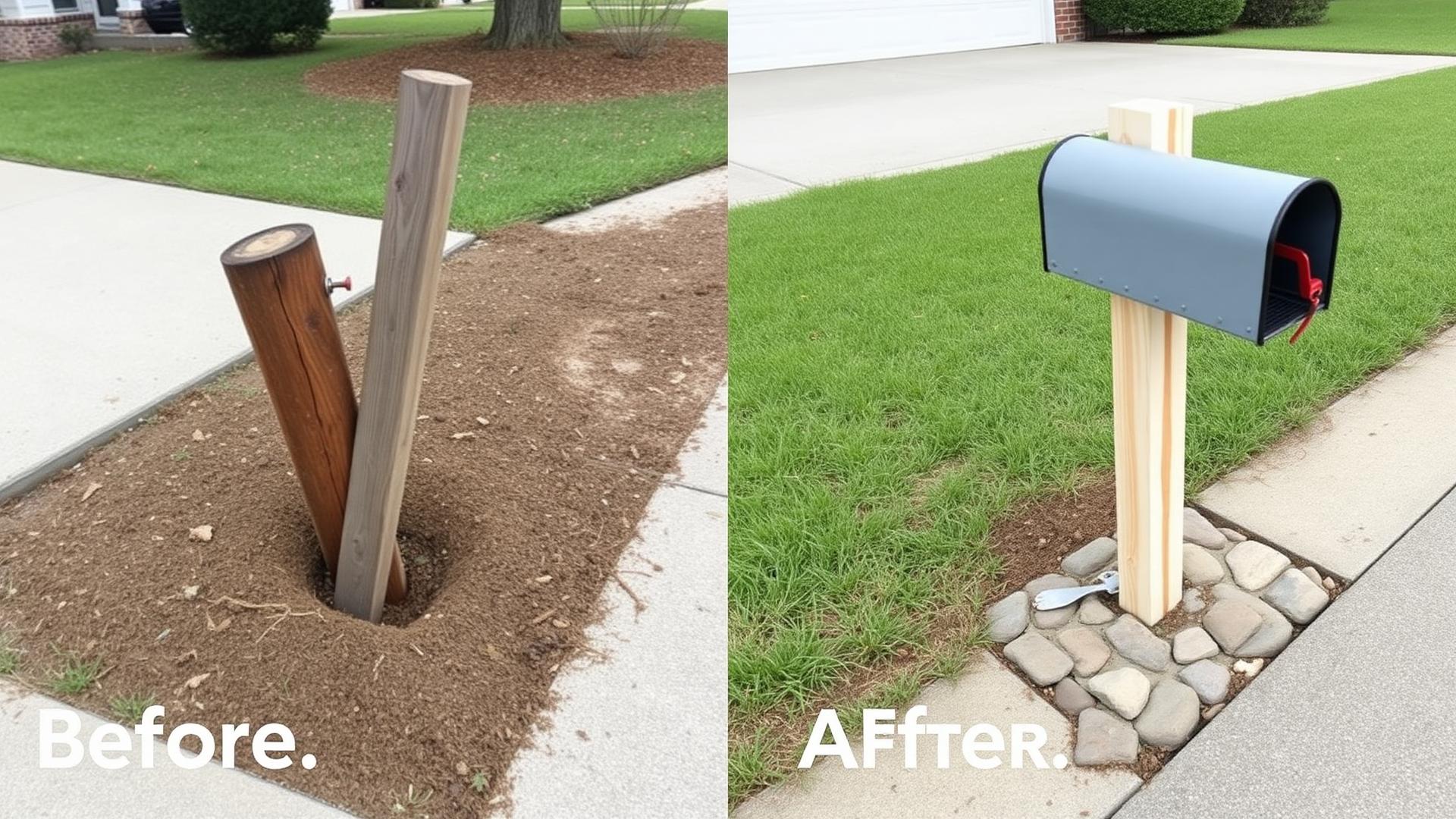 Before and after mailbox post replacement set in concrete on a Florida driveway