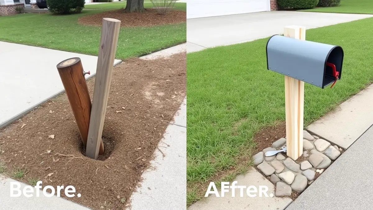 Before and after mailbox post replacement set in concrete on a Florida driveway