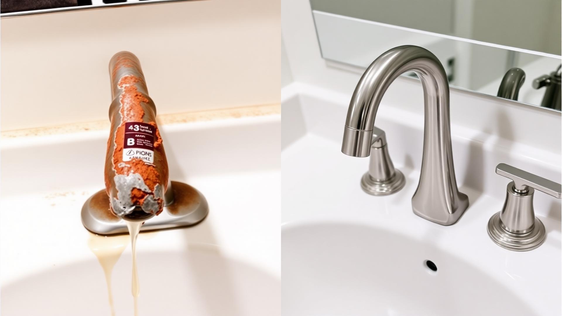 Before and after replacing a corroded bathroom faucet in Venice, FL
