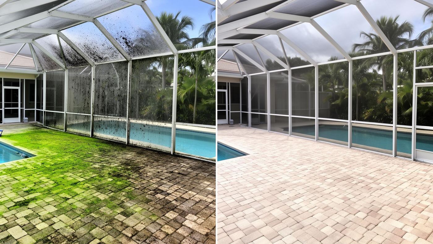 Before and after lanai and pool cage soft washing in Englewood, FL