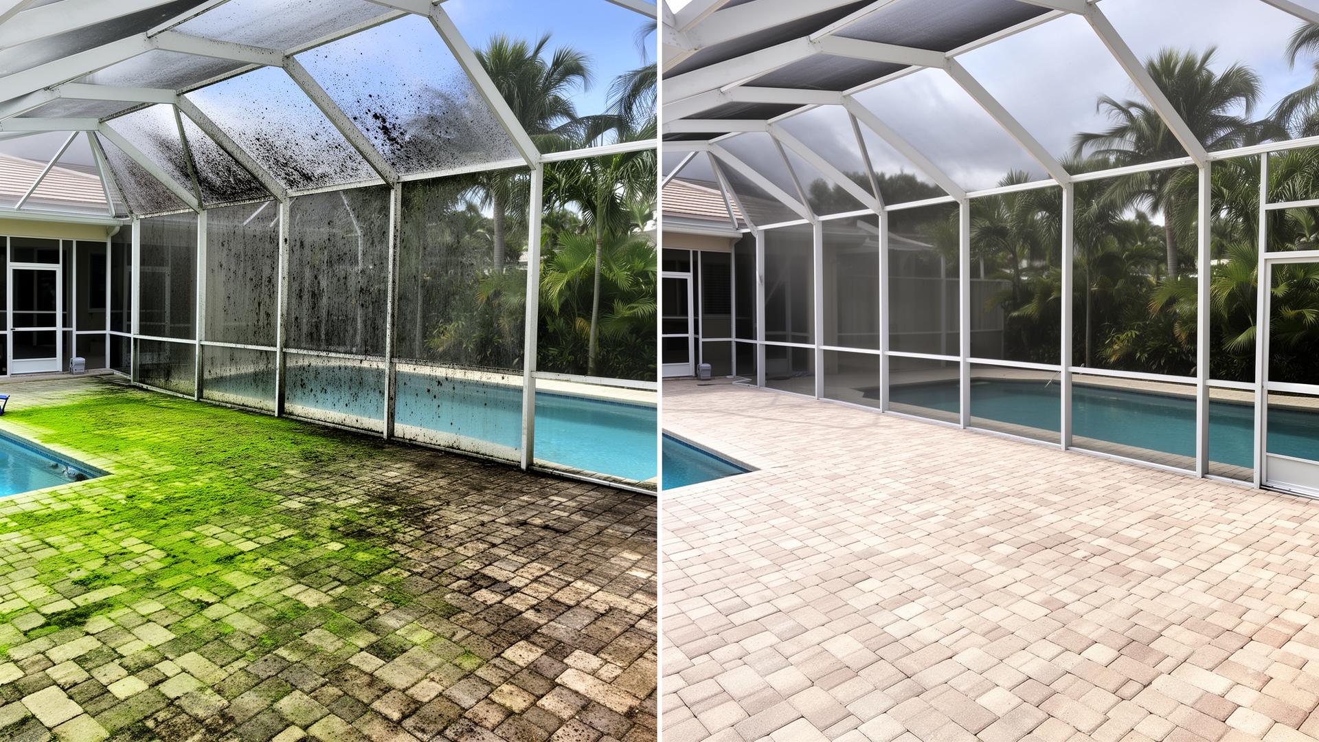 Before and after soft washing a screened lanai and paver patio in Venice, FL