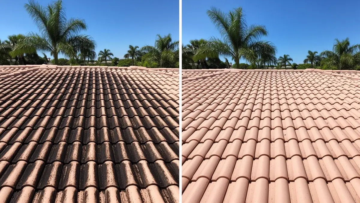 Before and after soft washing a barrel tile roof in Venice, FL