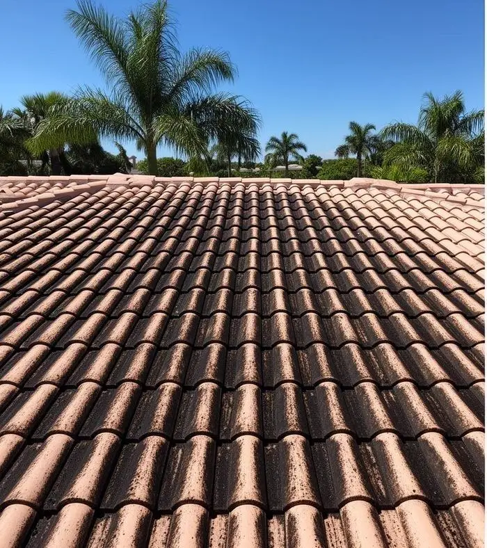 Roof before soft wash in Venice, FL