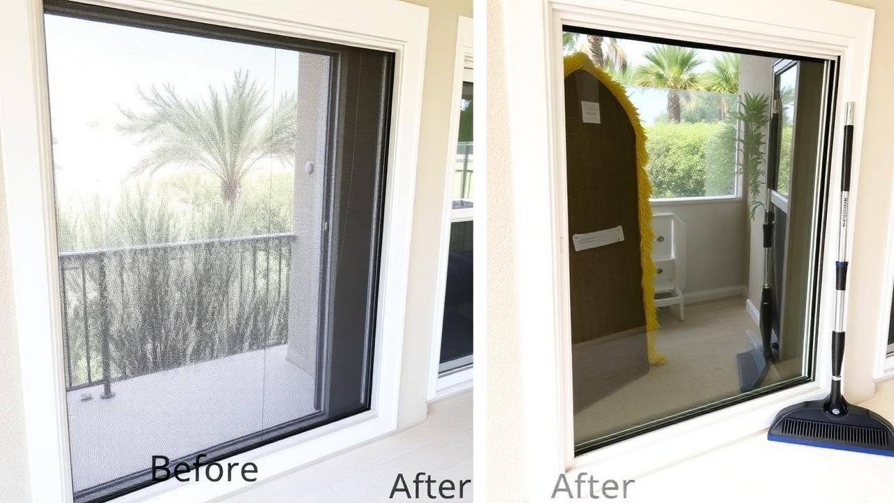 Before and after window screen brushing and track cleaning in Venice, FL